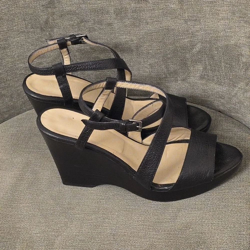 Max Mara Leather‎ Wedge Platform Size 37  US 7 Black  Open Toe